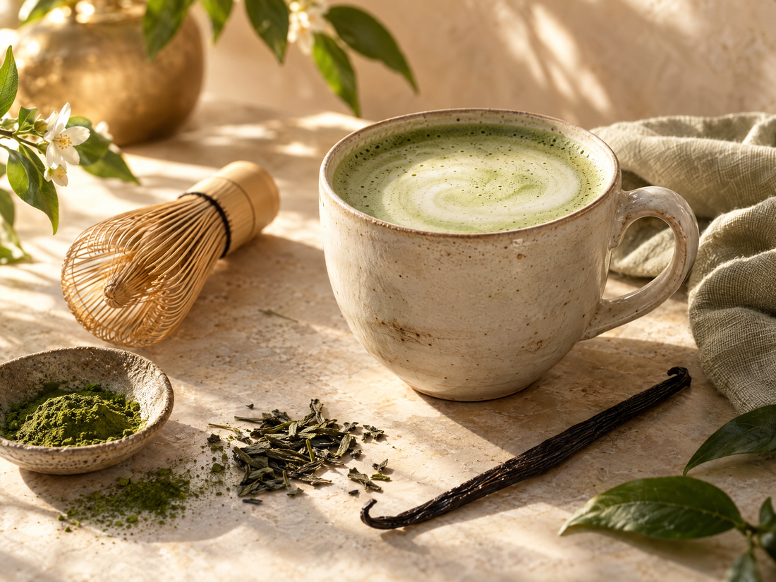 Matcha latte à la vanille dans une tasse en céramique, fouet à matcha et gousse de vanille