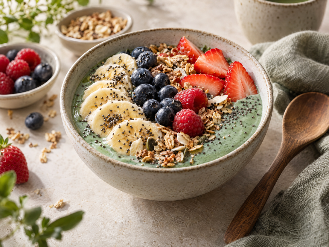 Bol de petit-déjeuner à la spiruline avec banane, fraises, framboises, myrtilles, granola et graines de chia
