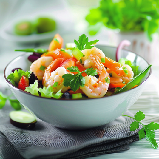 Salade de Légumes aux Fruits de Mer avec Vinaigrette à l'Astaxanthine